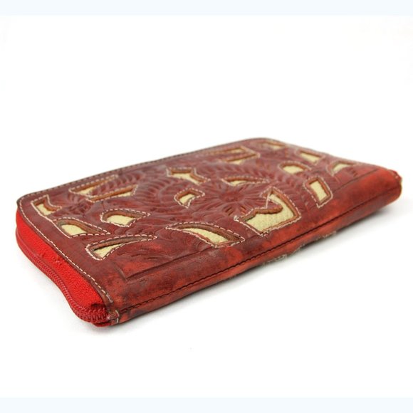 Leathers in Leather Floral Embossed Cut Out Zip Around Wallet Clutch Red Maroon - Picture 4 of 8